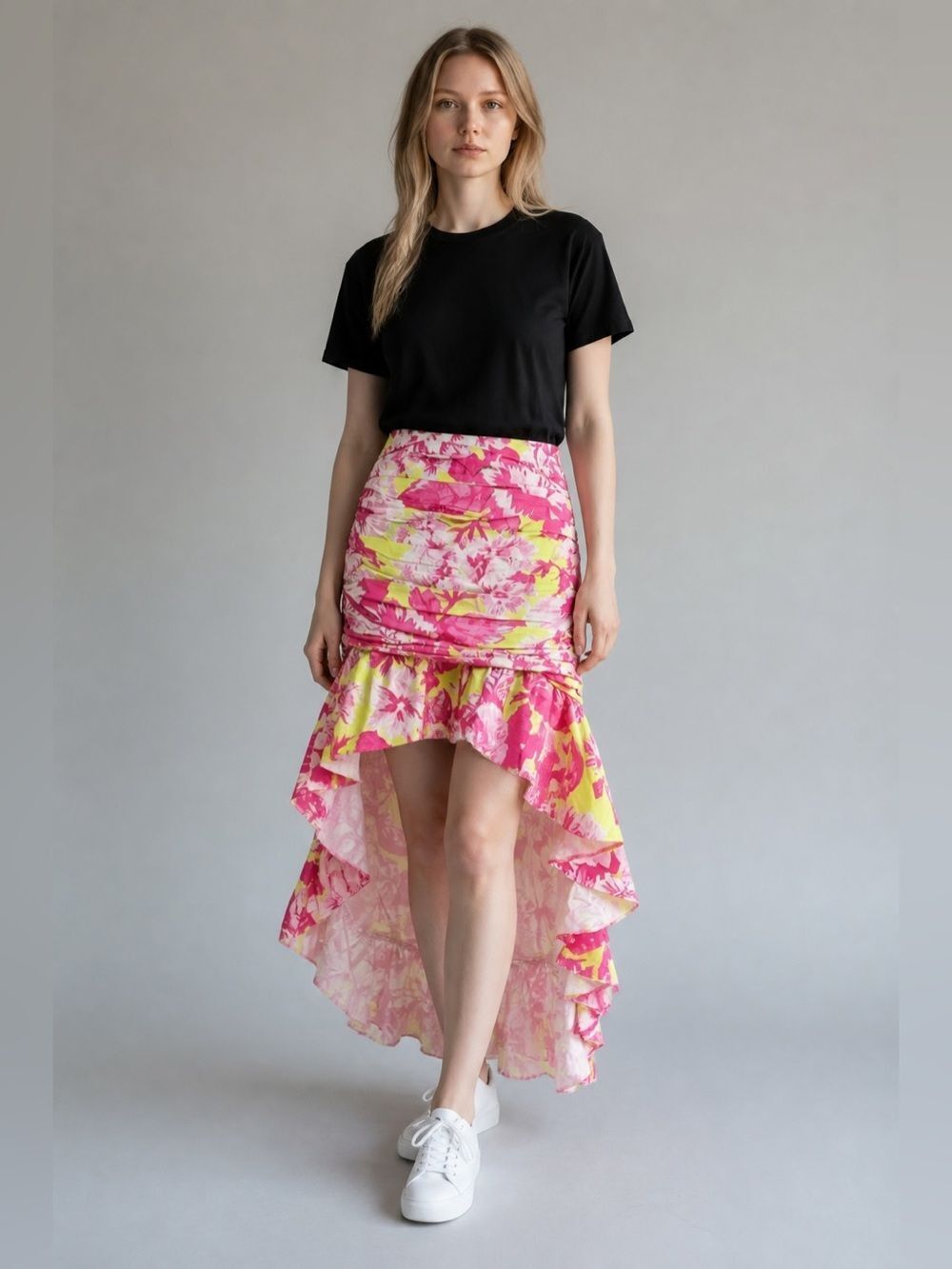 NEW Rare Rococo Sand Ziba Neon Pink Floral Print High Low Ruffle Maxi Skirt S